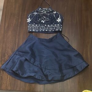 Navy Blue Embellished Two Piece Prom Set
